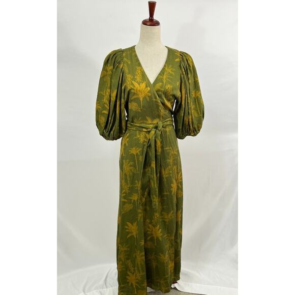 JUAN DE DIOS Sz M/L Ermita Wrap Around Midi Dress Green Palms Linen - Picture 2 of 16
